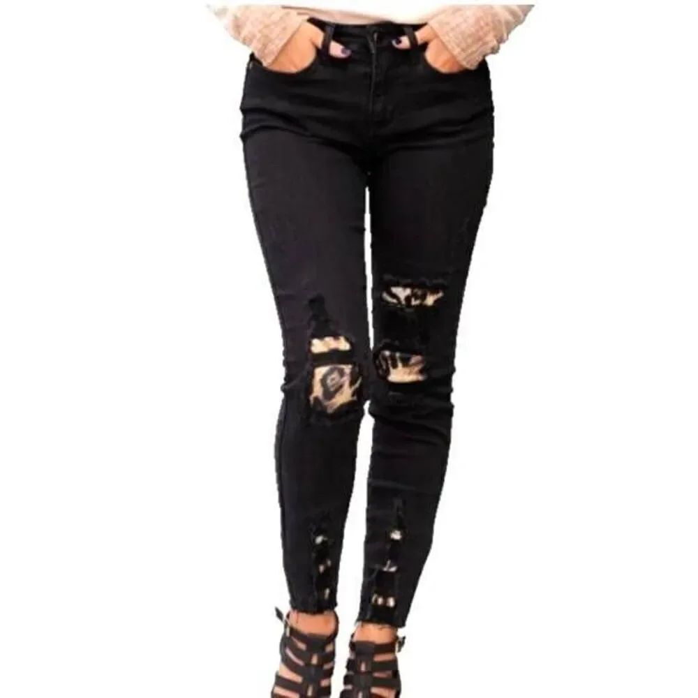 Judy Blue Mid Rise Distressed Leopard Print Skinny Fit Black Jeans Size 13/31